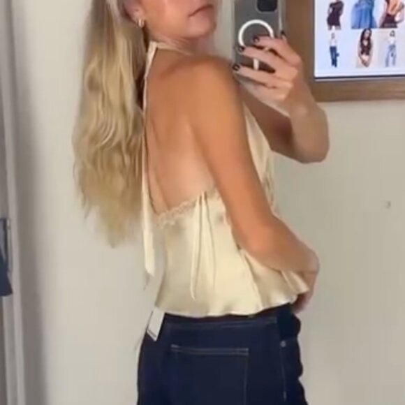 BEST Reformation Monica Silk Top - Almond Cream Halter Lace French Quiet Lux - Picture 2 of 11